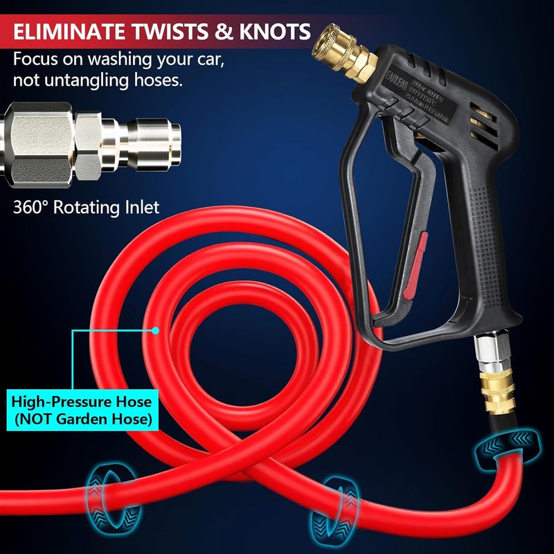 EARLEAS Short Pressure Washer Gun with Swivel, Anti-Tangle Design, Max 4000 PSI, Heavy Duty, 3/8" QC & M22 14/15mm Inlet, 1/4" Quick Connect Outlet for Car Detailing - Image 2